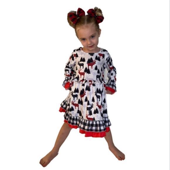 58. Girls Toddler Kids Christmas Moose Dress - Picture 3 of 3